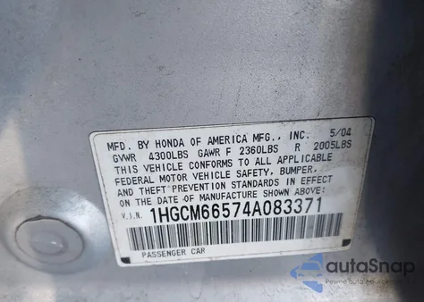 2004 Honda Accord 3.0 Ex from USA, damaged, VIN 1HGCM66574A083371